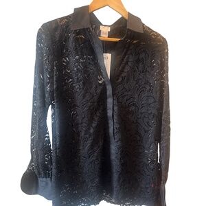 Chico's Button Up Shirt Size 0 (4/6) Black Stretch‎ Lace Long Sleeve Blouse